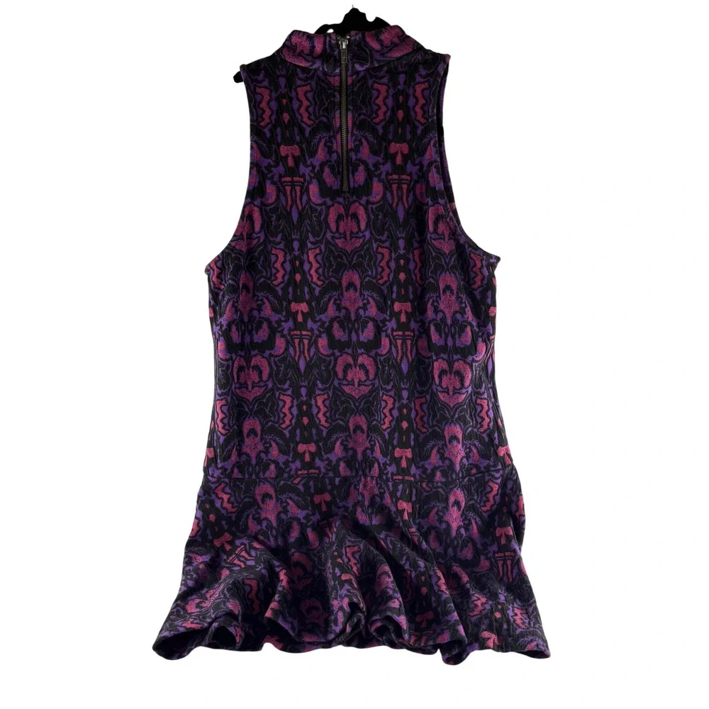 Free People Purple Pink Damask Jacquard Mock Neck Drop‎ Waist Mini Dress Large
